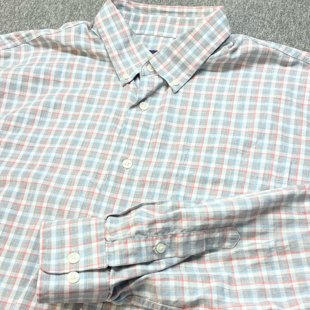 Johnnie-O Mens XL Plaid Button Down Shirt Grey Blue Orange Long Sleeve Pocket